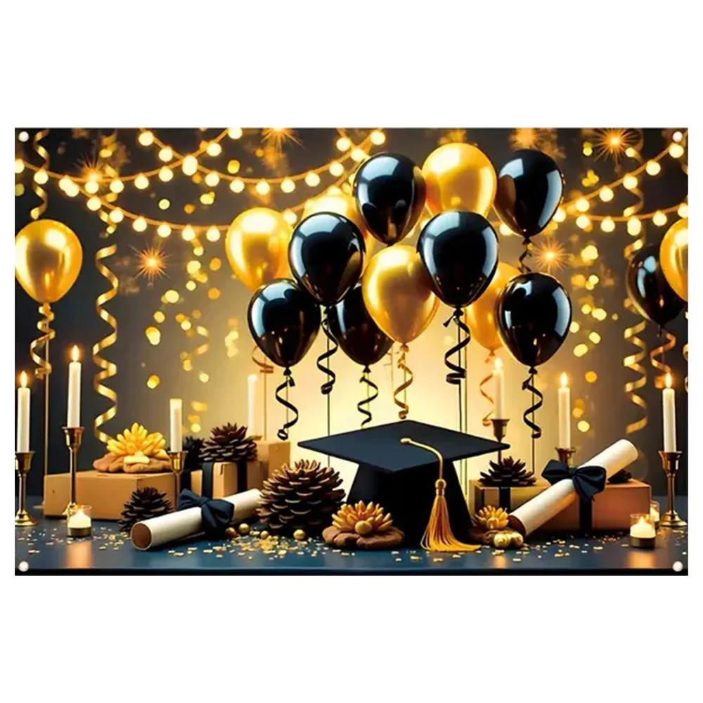 2025 Happy Graduation Backdrop Glitter Balloon Bachelor Cap Grad Class of Graduates Party Photography Background Decor Supplies