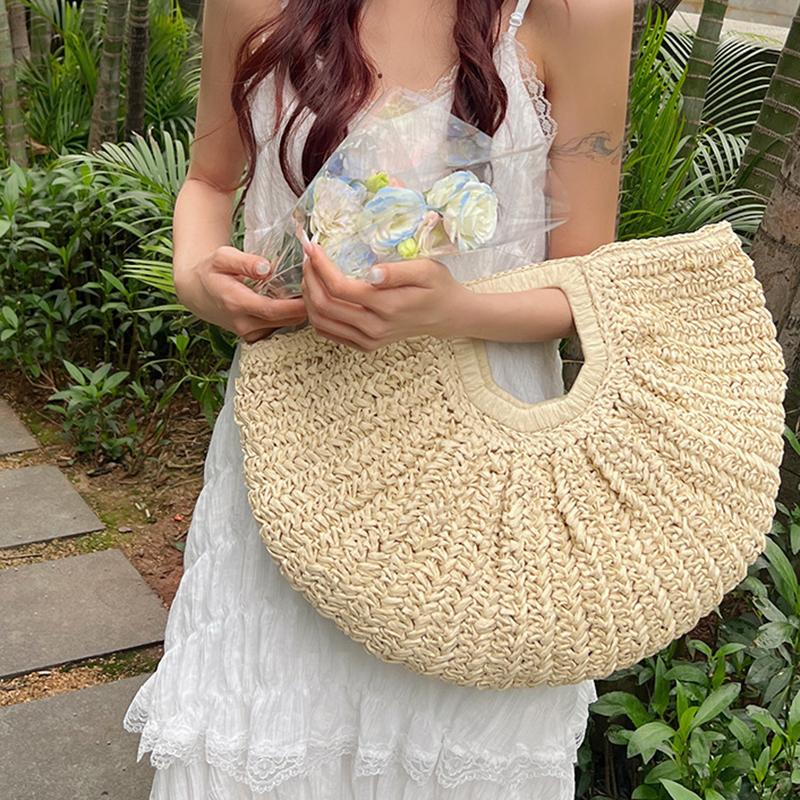Woven Straw Bag Moon Large Capacity Purse and Handbag For Women Beach Basket Bags Fashion Travel Shoulder Shopper Totes