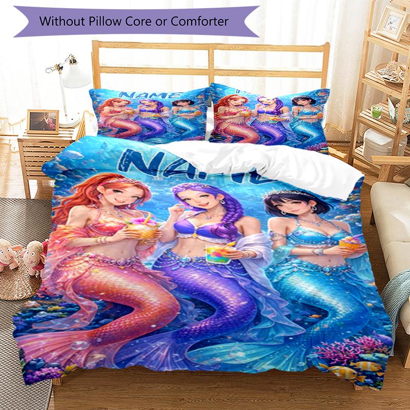 3pcs Custom Name Mermaid Bedding Set Duvet Cover Closure Includes 1 Duvet Cover & 2 Pillowcases, Soft and Comfortable for All Seasons.