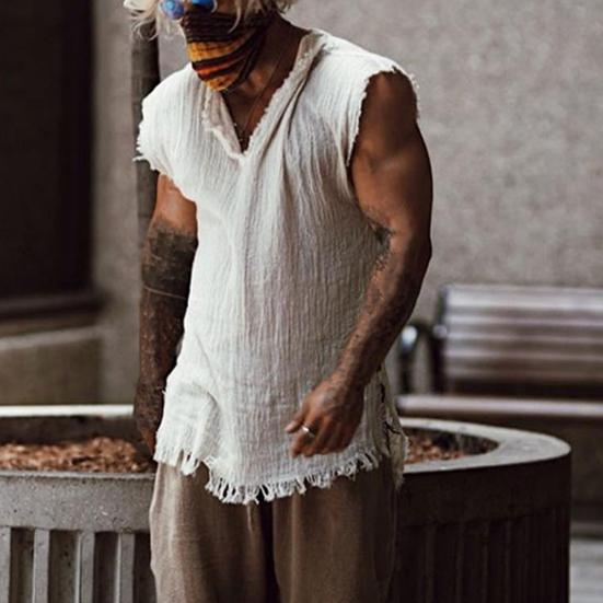 Мужская майка, однотонная мужская одежда, специальный дышащий летний жилет с v-образным вырезом, модный свободный тип с рваными краями