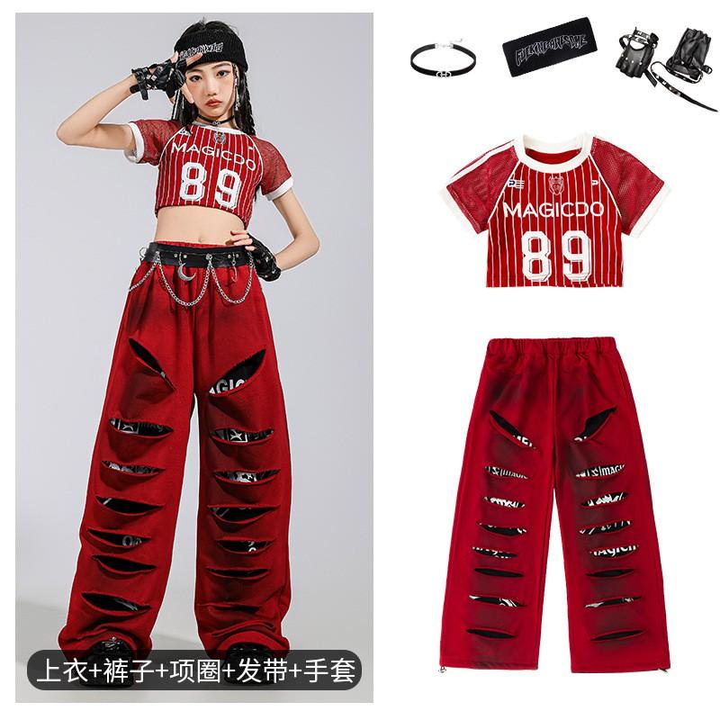 Girls Jazz Dance Outfit Kids Hip Hop Performance Costume Short Sleeve Top Pants Set