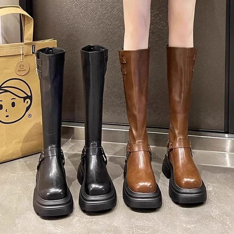 Fashion Autumn New Korean Version Thick Heel Leather Belt Buckle Knee-Length Long Boots for Women, Fashion Slimming Mid-Heel Rider Boots