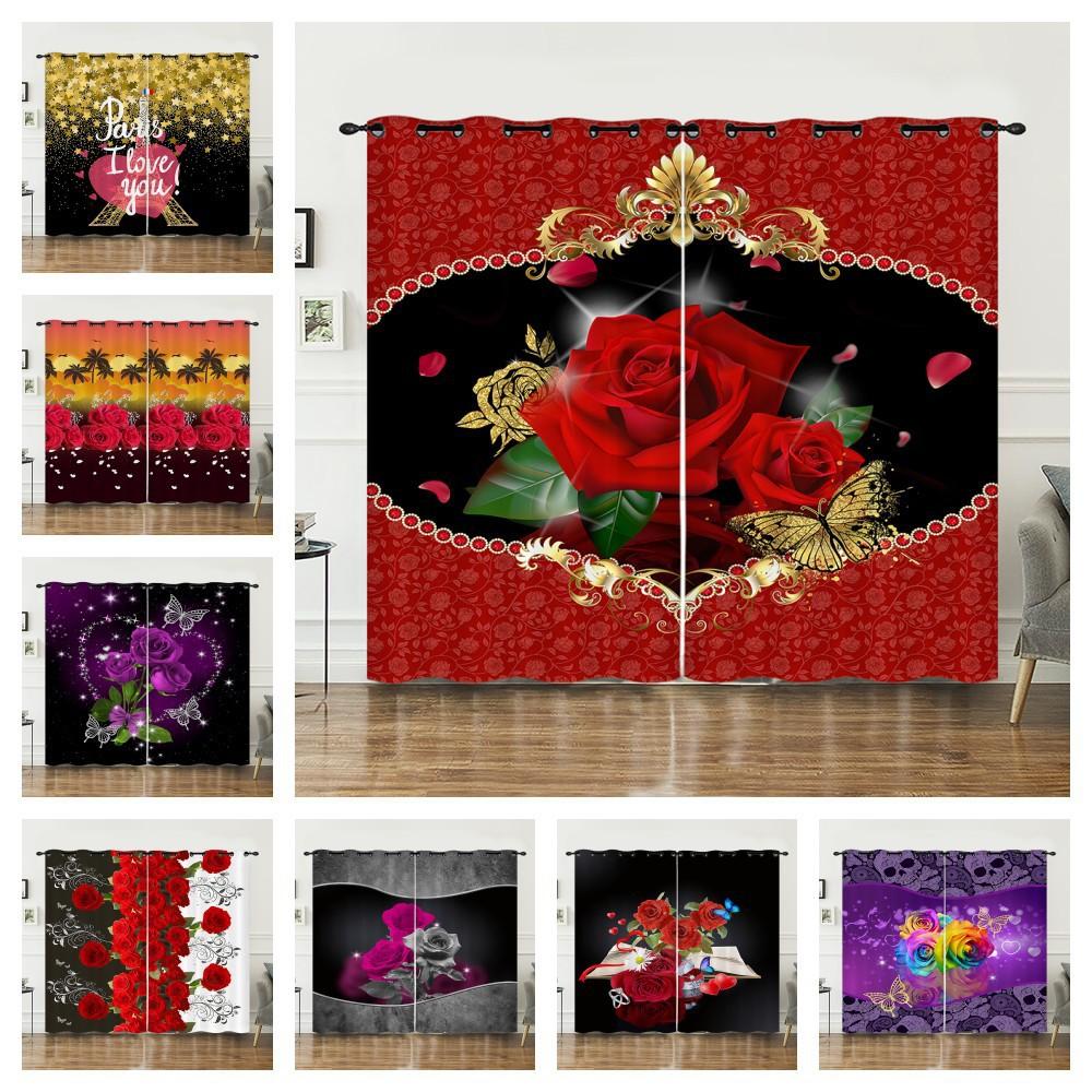 Curtains Rose Love Valentine Hunliji Curtains Bedroom Living Room Blackout Curtain Perforated