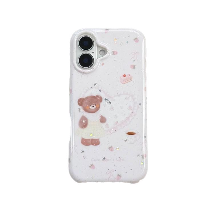 Розовый чехол для iPhone с клубничным мишкой и сердцем для 16 Pro Max/15/14 (Девочковый дизайн)