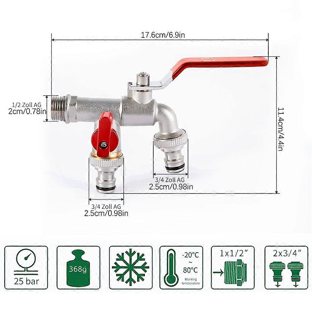 "1/2" 3/4" Dual Outlet Brass Garden Faucet Outdoor Anti-Freeze Water Spigot Washing Machine Tap for Hose & Pool