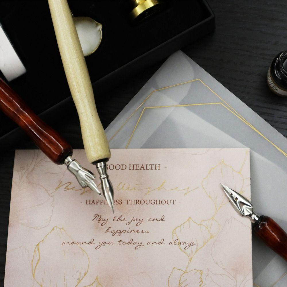 1pcs Stainless Steel Tip Calligraphy Pen Wooden Rod Signature Pen Multi-functional Dip Pen Students