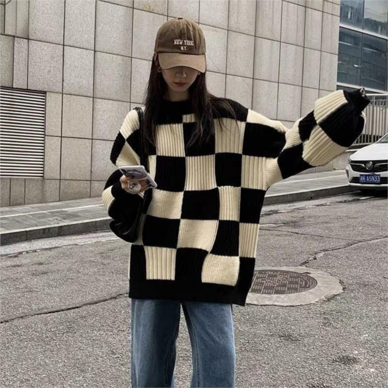 Свитер в клетку, женский осенне-зимний топ, вязаный свитер в стиле ретро, модный повседневный свободный свитер