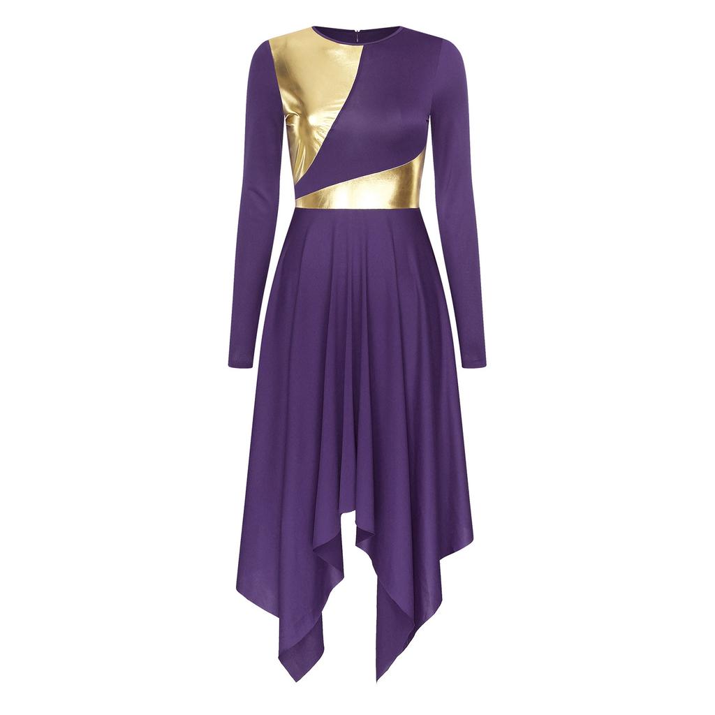 Женское платье для танца поклонения, металлик, цветной блок, длинный рукав, асимметричный подол, литургический костюм для выступления в церкви