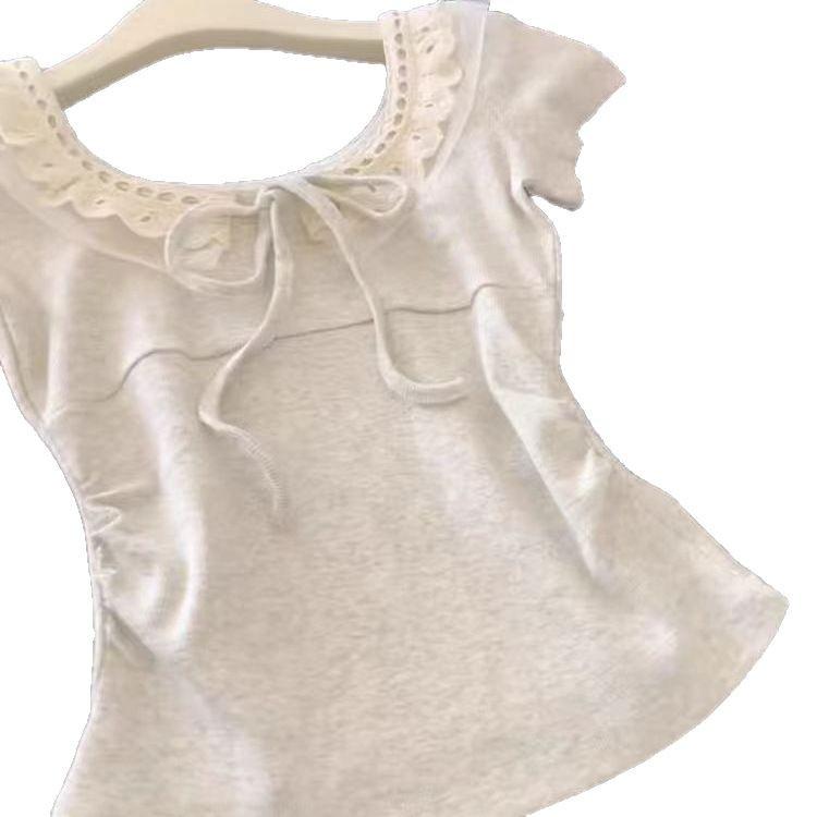 Японская лоскутная футболка с коротким рукавом на завязках - Женский приталенный укороченный топ для миниатюрных