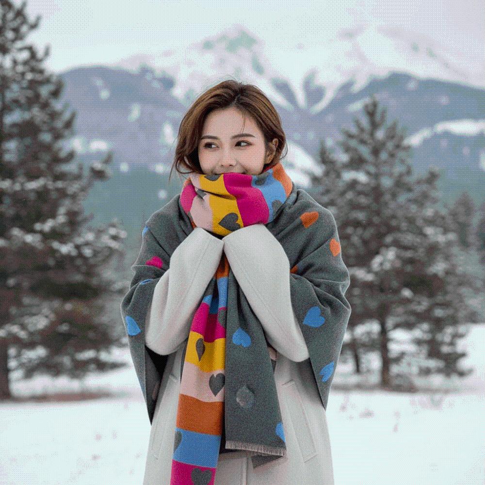 Thick Heart Pattern Scarf Warm Faux Cashmere Wrap Korean Style Muffler College Girls