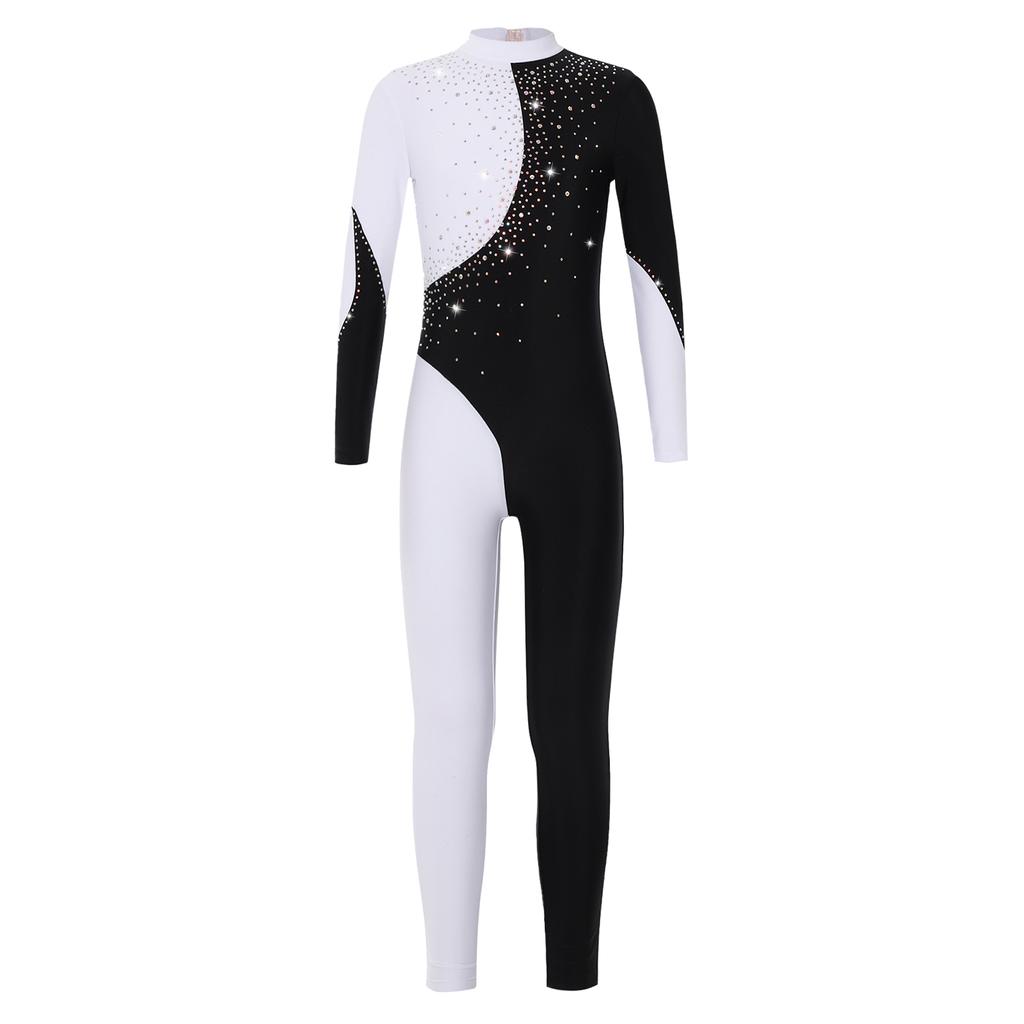 Girls Long Sleeve Round Collar Shiny Rhinestone Decorated Contrast Color Backless Jumpsuit Gymnastic Wear