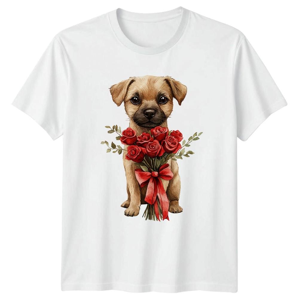 Puppy With Roses Flowers Unisexs TShirt Unisexs Tee Graphic Unisex Top