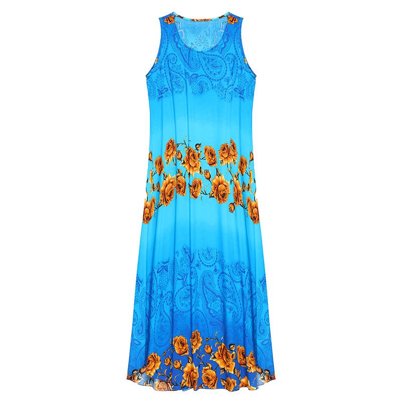 Sleeveless Silk Cotton Dress for Middle-Aged Mothers - Slim Fit, Large Size, Beach Dress for Summer