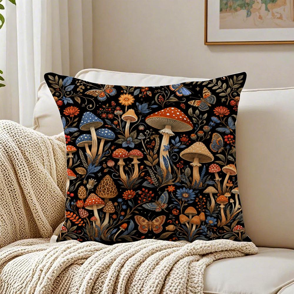 Cottagecore Mushroom Cushion Cover Breathable Organic Short Plush Pillow Case Machine Washable Wrinkle-Resistant Soft Durable