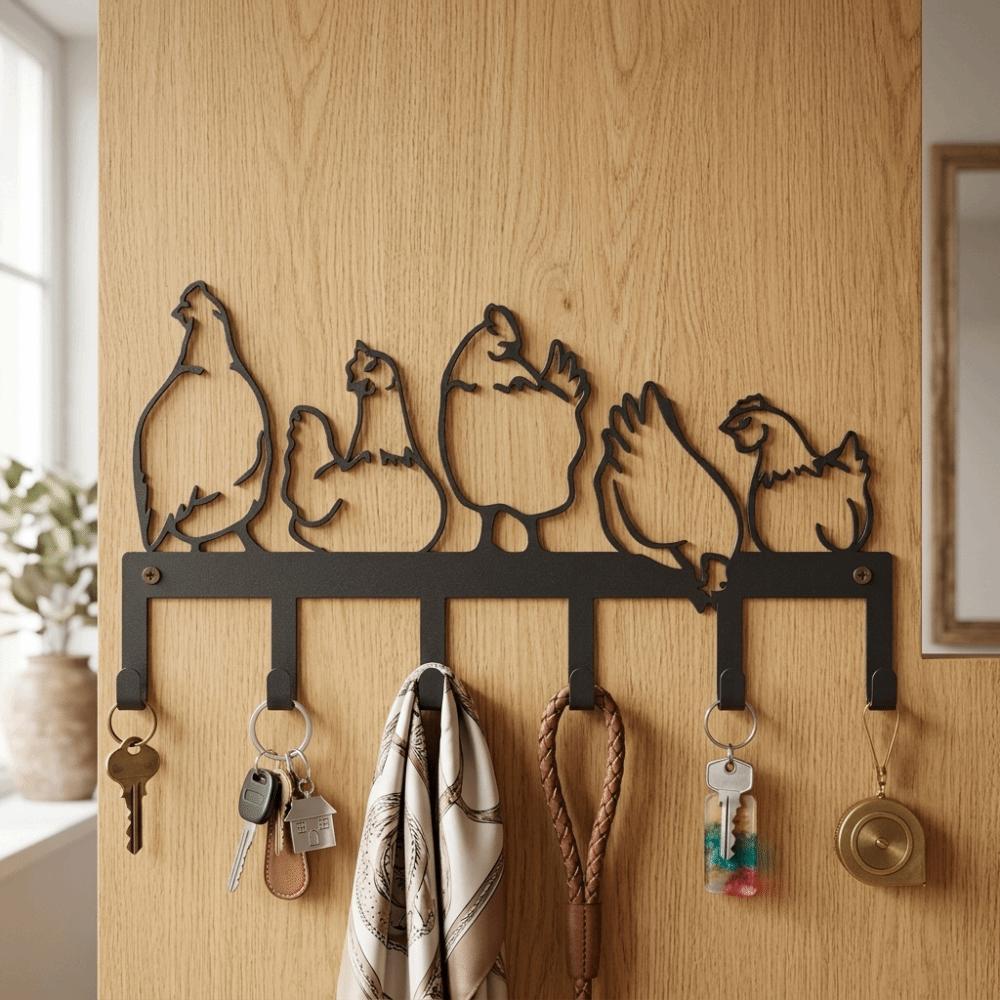 Five Hen Silhouette Wall Hanging Key Holder Vintage Clothes Storage Rack Rural Farmhouse