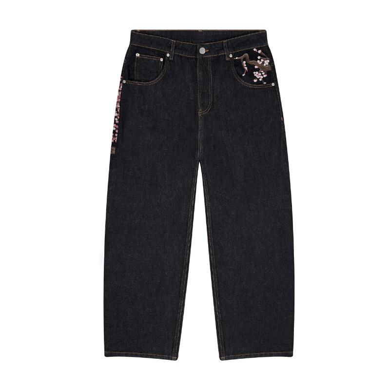 Y2K Harajuku Jeans Goth Vintage Plum Blossom Embroidery Pattern Wide Leg Pants Men Women Denim Fabric American Style Street Wear