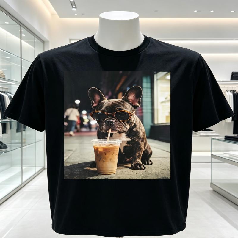 2026 New Cotton Print Comfort French Bulldog Drinking Iced Coffee Funny Animal Tshirtcasual Attire Machine Washable Tee