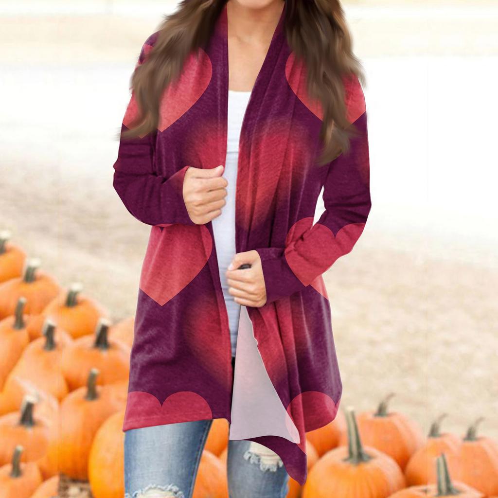 Женский повседневный кардиган с длинными рукавами и принтом ко Дню святого Валентина без карманов, верхнее пальто