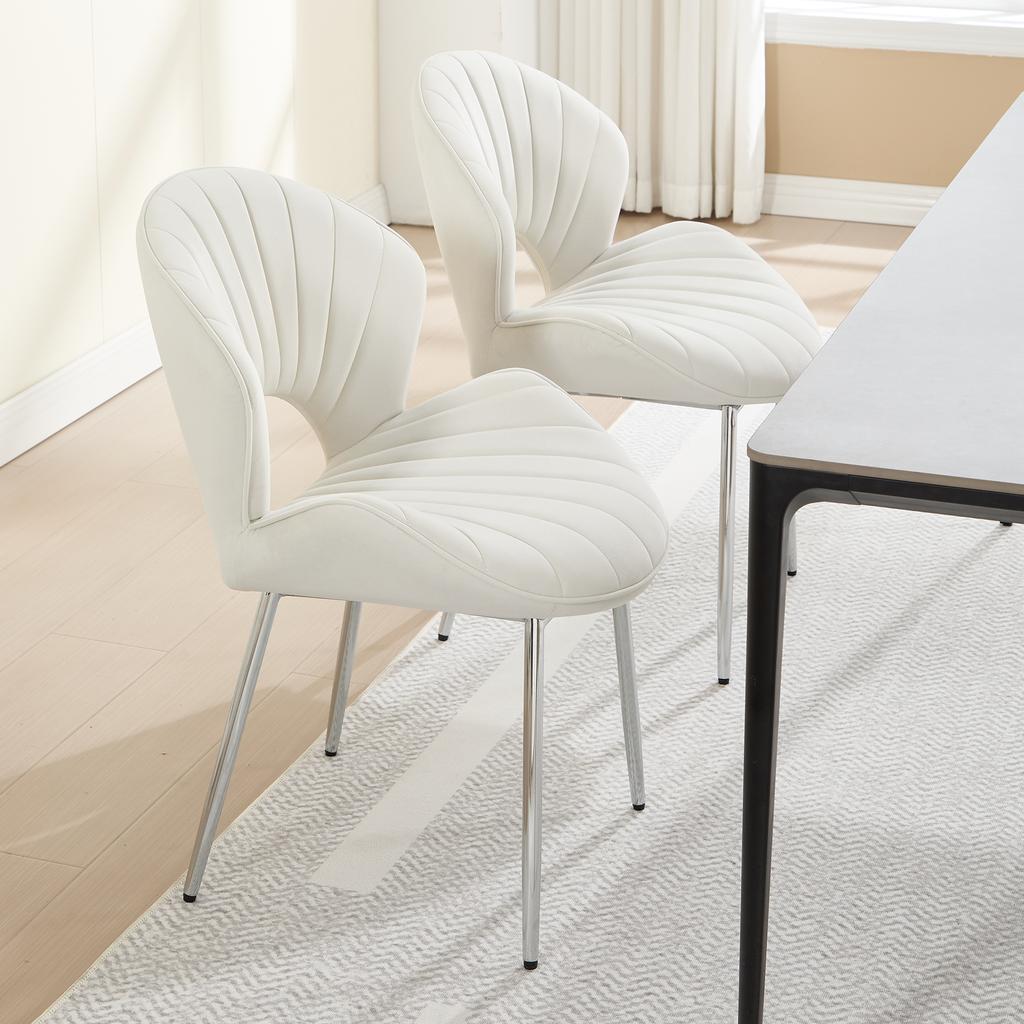 Velvet Dining Chair with Hollowed-Out Backrest, Armless Cushion Chair, Silver Legs, Chair for Living Room, Bedroom and Office (Set of Two) -IVORY