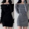 Women Knitting Tops Off Shoulder Long Sleeve Solid Color Slim Fit Pullover