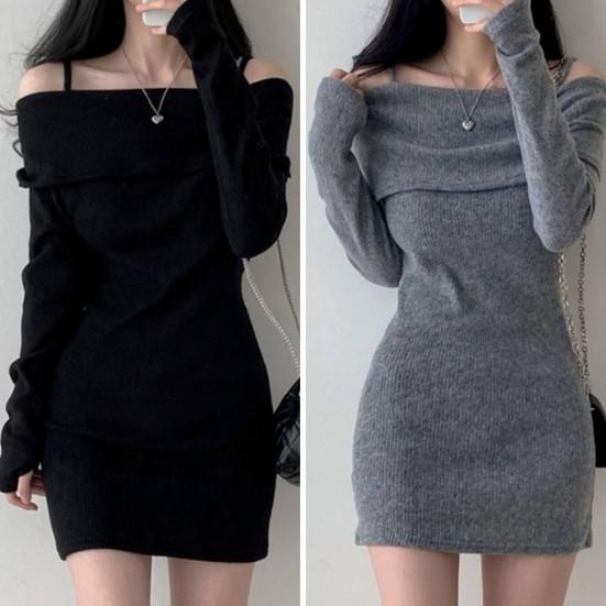 Women Knitting Tops Off Shoulder Long Sleeve Solid Color Slim Fit Pullover