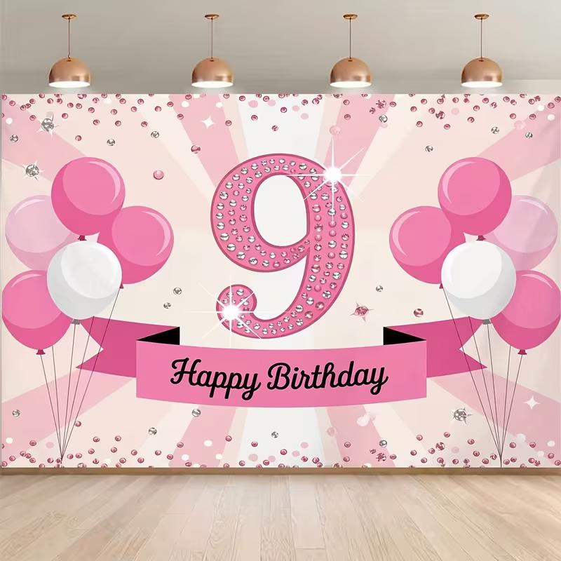 2D Elegant Pink 9th Birthday Background Cloth, Diamond Number Party Tapestry