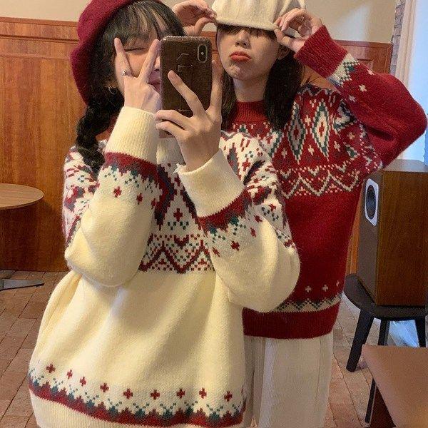 Красный рождественский свитер в корейском стиле для женщин - Свободный, ретро пуловер с круглым вырезом, вязаный для осени и зимы