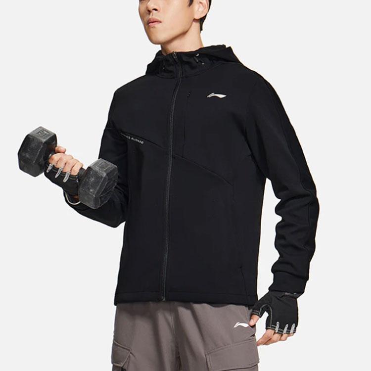 Толстовка с капюшоном на молнии с принтом простого логотипа Li Ning Мужские толстовки Черный AWDS627-1