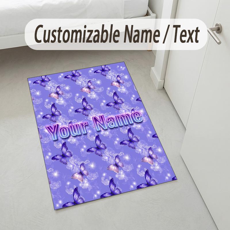 Butterfly Theme Crystal Velvet Rug Personalized Custom Name Text Soft Floor Mat Home Decor