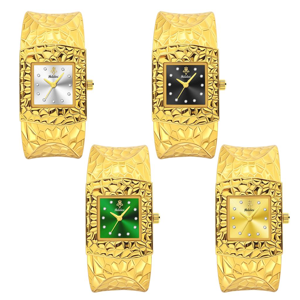 YaLaLuSi Gold Open Cuff Women Watch Square Green Dial Crystal Quartz Wrist Watch Luxury Gift Watch For Her