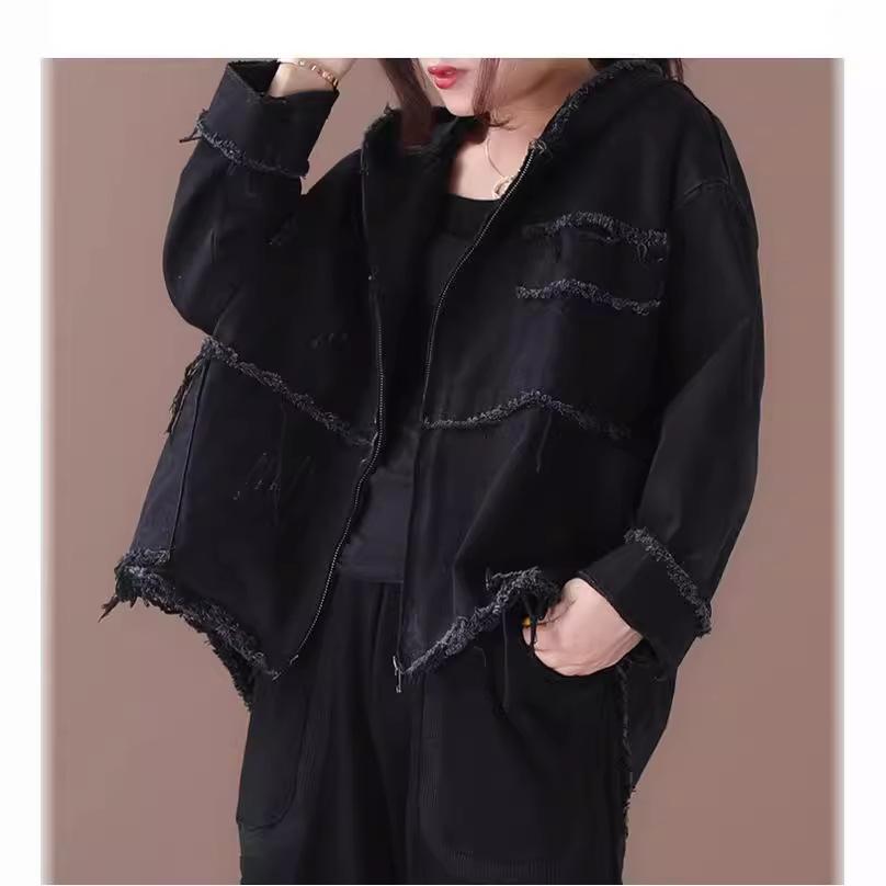 Повседневная короткая джинсовая короткая куртка большого размера с литературным и художественным капюшоном и необработанными краями