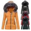 Women Hooded Puffer Coat Faux Fur Trim Collar Zip‑Up Slim Fit Padded Jacket Windproof Warm Winter Mid‑Length Outerwear