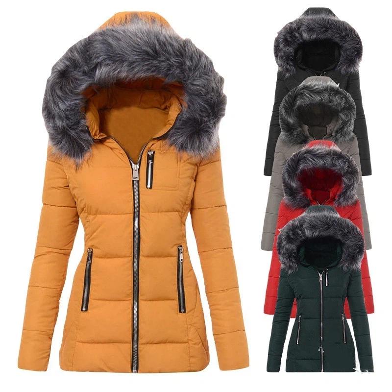Women Hooded Puffer Coat Faux Fur Trim Collar Zip‑Up Slim Fit Padded Jacket Windproof Warm Winter Mid‑Length Outerwear