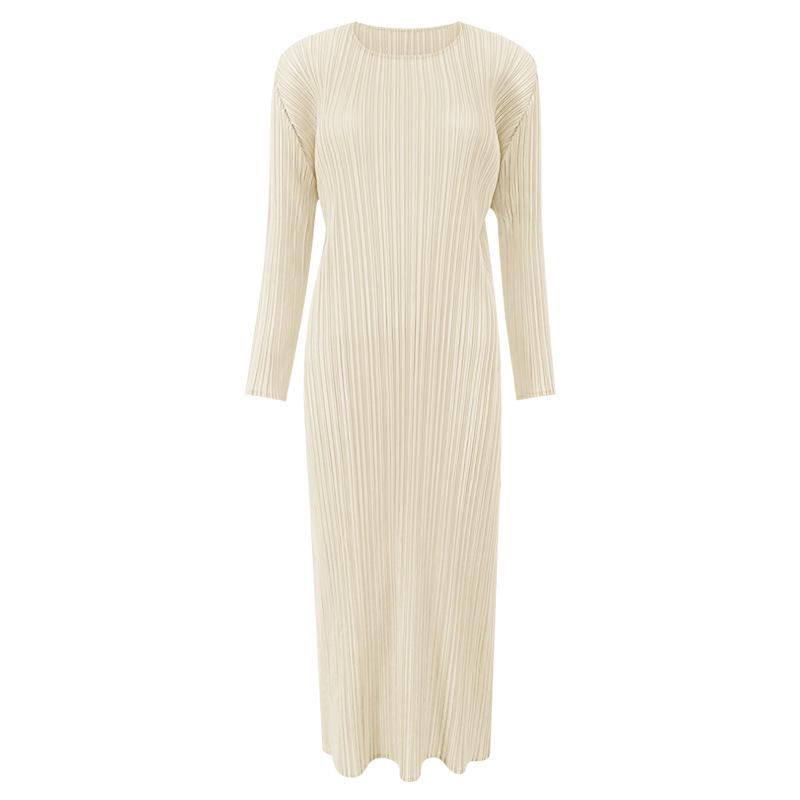 Классическое женское платье Miyake с длинными рукавами, облегающего кроя и разрезом – средней длины, однотонное, для весны и осени.