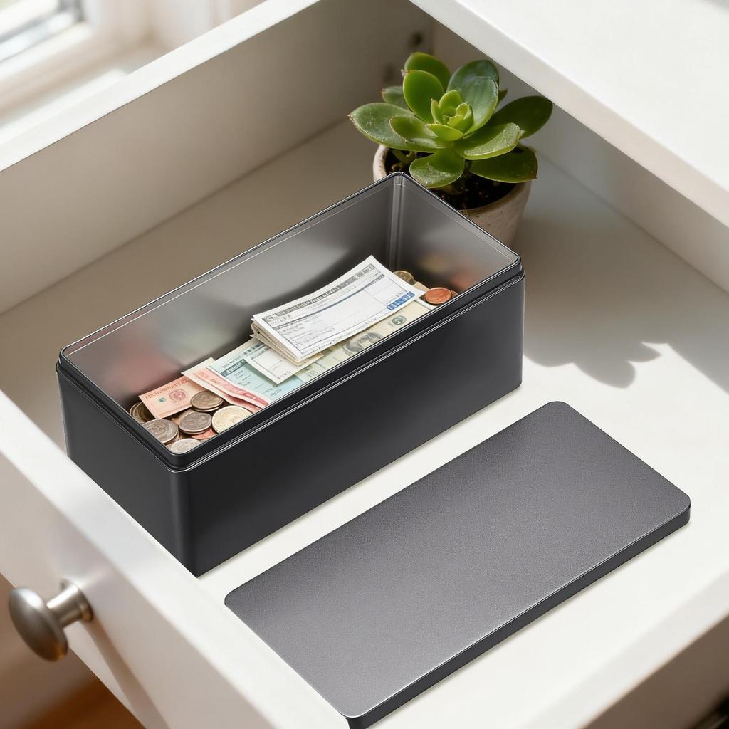 Metal Cash Box Security Organizer Rectangular Money Saving Box Organizer with Lid for Currency Bills Jewelry Keys Tickets Home