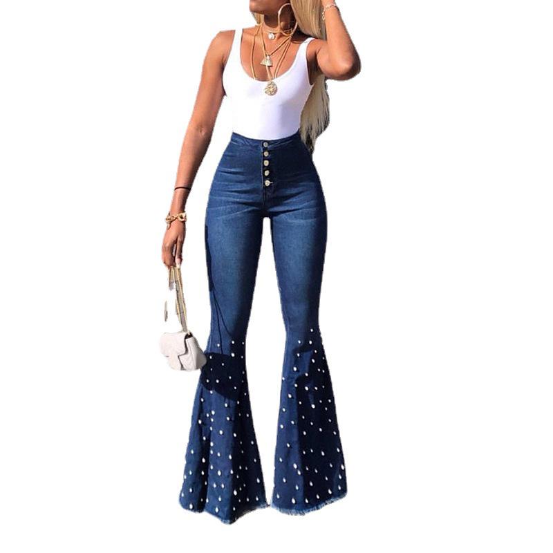 Women's European & American High-Waisted Elastic Flared Jeans - Slimming, Loose Fit with Bead Accents