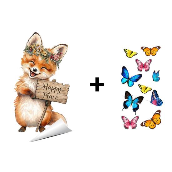 Spring Fox Window Clings Cartoon Fox Flowers Butterflies Glass Sticker Removable Cute Animal Window Decals for Home Office Shop