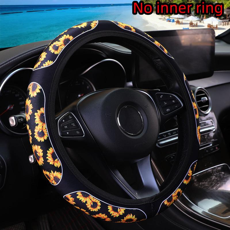 Cow check-patterned sunflower cherry blossom flower fabric print car without inner ring steering wheel cover 38CM women's