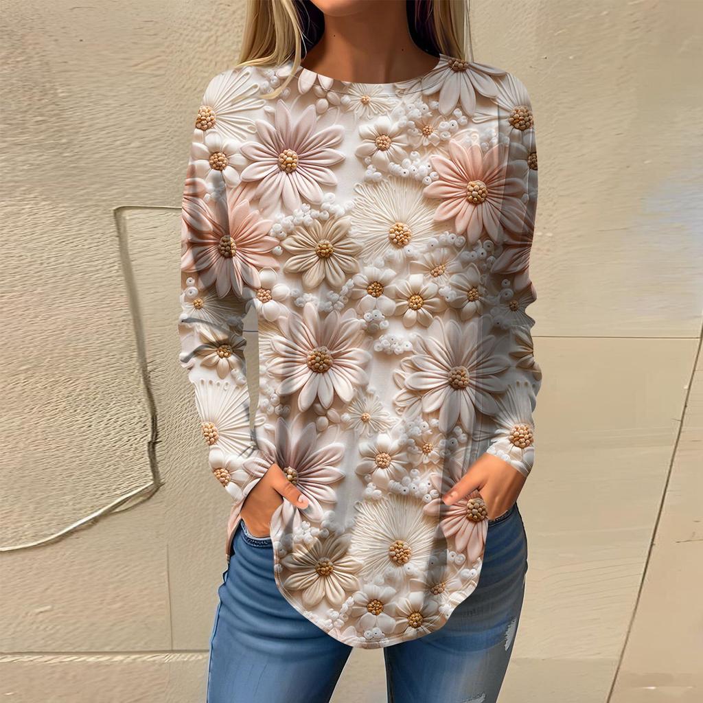 Women's Fashion Long Sleeve Round Neck Vintage Irregular Pullover Top