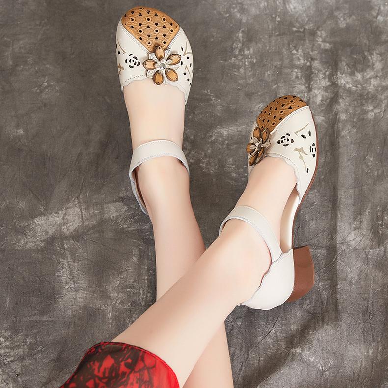 Women's Shoes Summer Leather Sandals Cowhide Chunky Heel Soft Bottom Ethnic Sandals