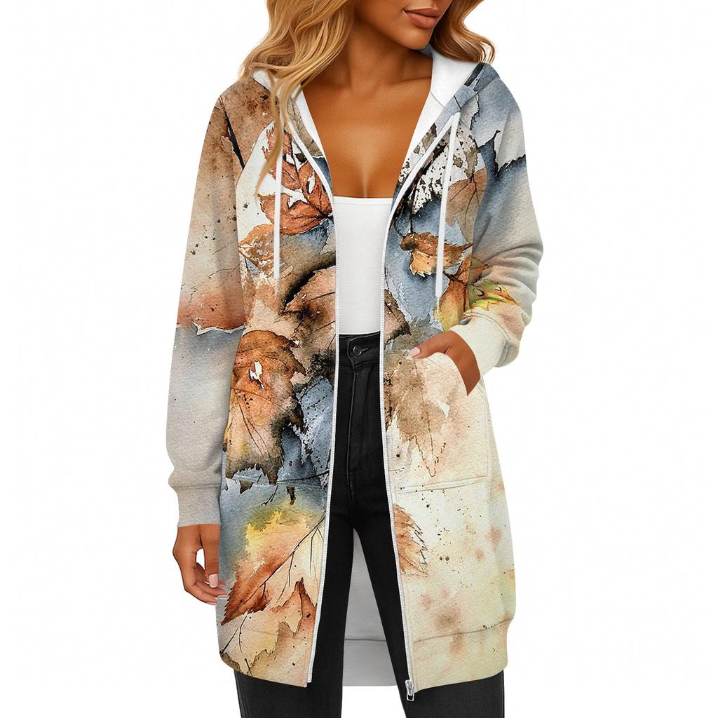 Women's Fashionable Printed Long Sleeved Drawstring Hooded Zipper Pocket Long Casual Sweatshirt Jacket
