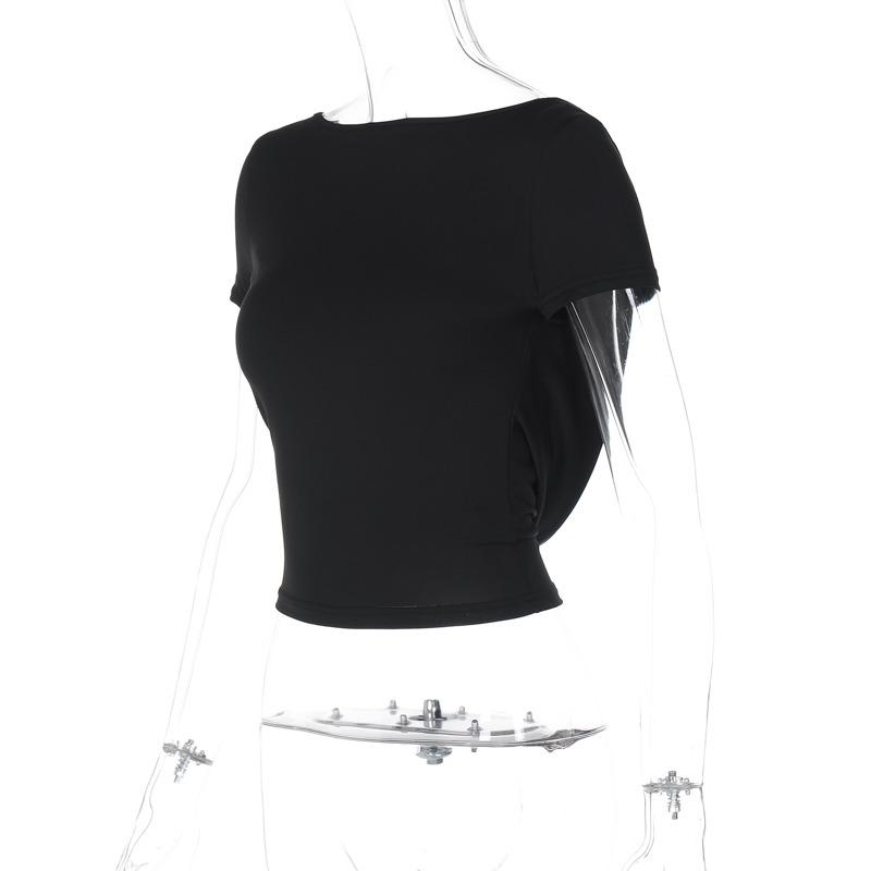 Летняя простая элегантная короткая сексуальная футболка с открытой спиной, женская модная однотонная уличная футболка с вырезом-лодочкой, женская повседневная облегающая черная футболка, женские топы 25554