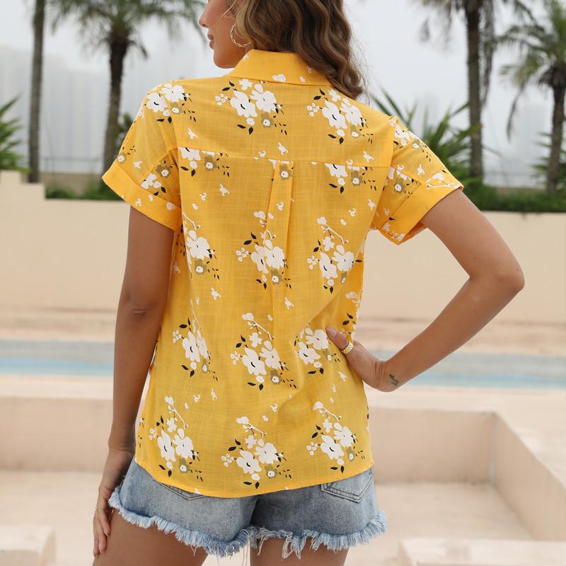Women Cotton Linen Shirt Turn Down Collar Single Breasted Blouse White Yellow Blue Tops Summer Short Sleeve Floral Print Shirts