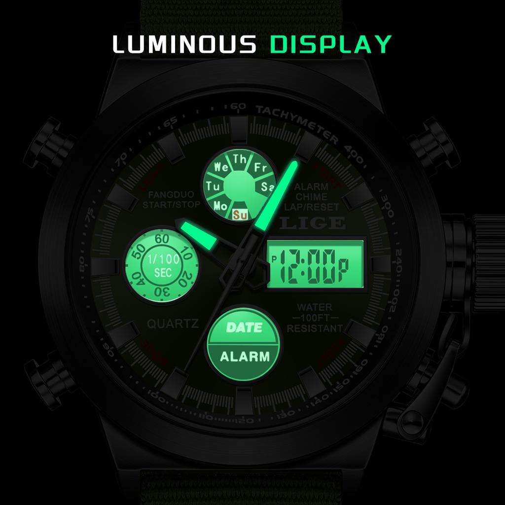 LIGE Quartz Wristwatch Electronic Male Watch Fashion LED Dual Display Luminous Week Alarm Clock Military Watches for Men Reloj