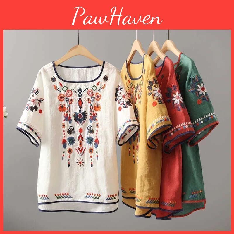 Luxury Women Floral Tees Embroidery Chinese Style Classic Loose Shirts Casual Vintage O Neck Short Sleeve Summer Blouse Tops