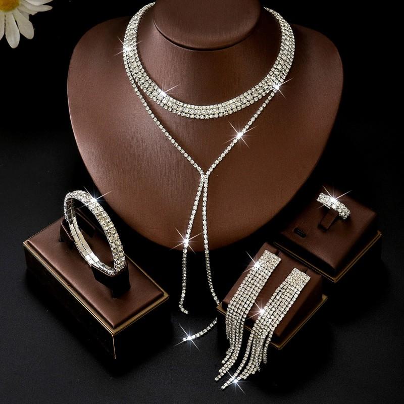 Layered Tassel Choker Necklace Earring Bracelet Set Women Rhinestone Pendant /Gold/Black Fashion OL Style