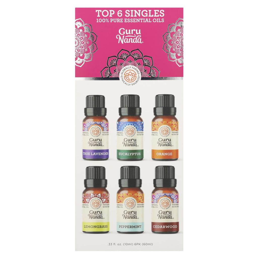 100% Pure Essential Oils Top 6 Singles, Pack of 6, 10 Ml (0.33 Fl Oz) Each