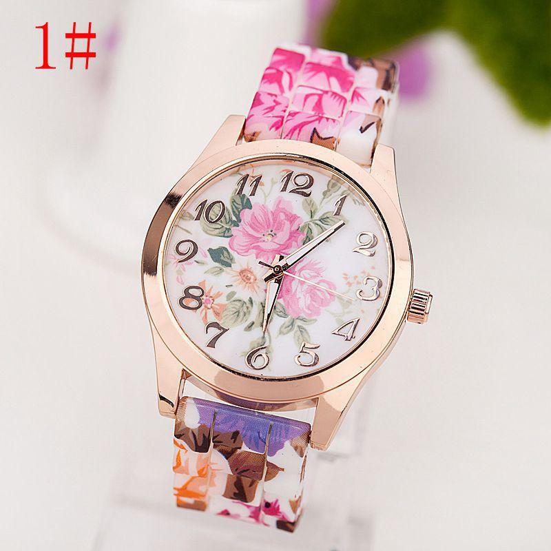 Fashion Geneva Silicone Watch Floral Print Quartz Wristwatch Women