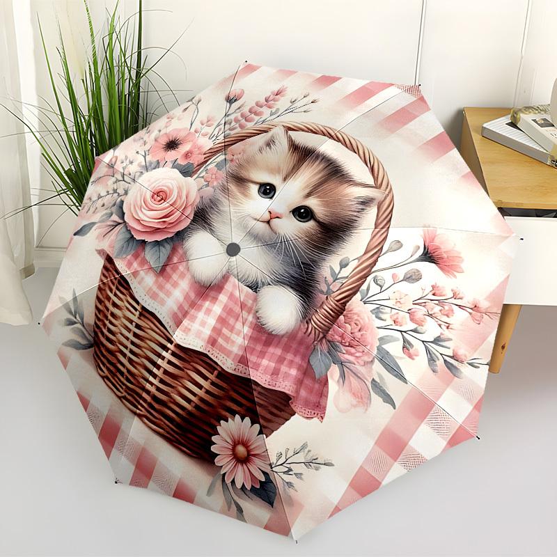 1pc Kitten Basket Flowers Automatic Folding Umbrella, 8 Ribs Iron Frame, Suitable for Outdoor Travel and Daily Use yy251120255