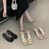Golden Ribbon Roman Sandals Women's Spring and Summer 2025 New Versatile Open-toed Square-heeled One-word Cool Slippers
